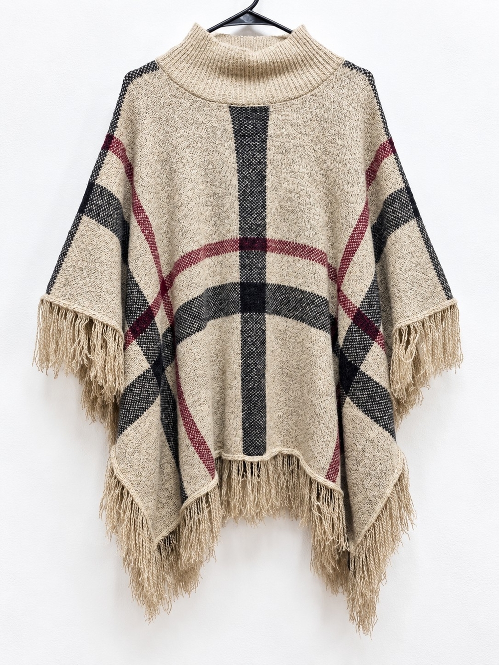 Davi & Dani Plaid Fringe Poncho Sweater – One Size